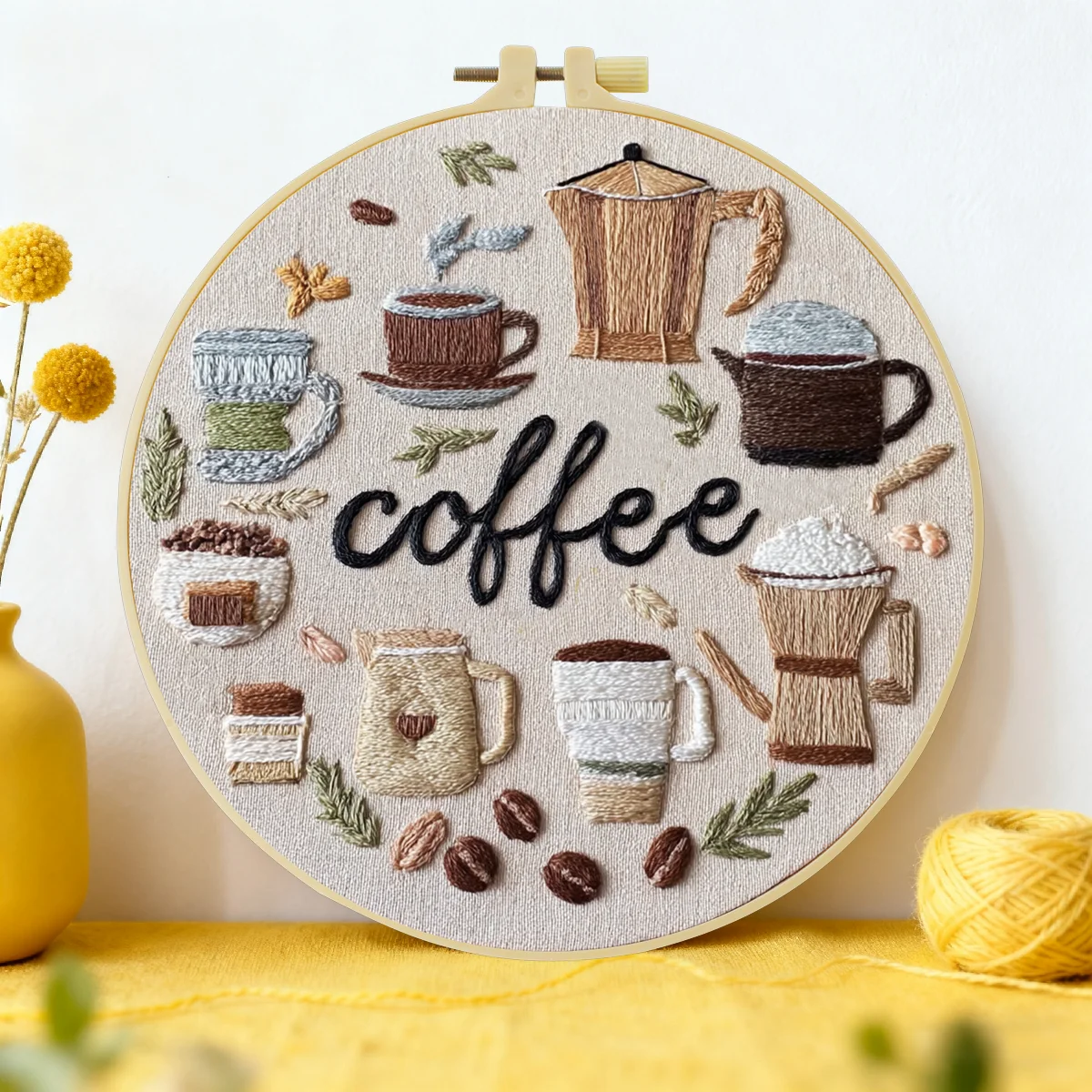 1 unidad Kit de bordado DIY de café 20x20CM/15x15CM (7.87/6.3 pulgadas) para manualidades, pintura y arte con aguja