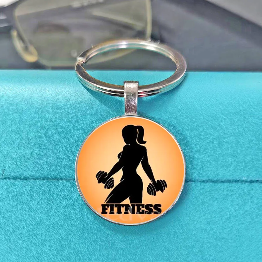 Best Seller Weightlifting Fitness Pattern Glass Round Keychain I Love Fitness Key Ring Gift For Men Women Fitness Club