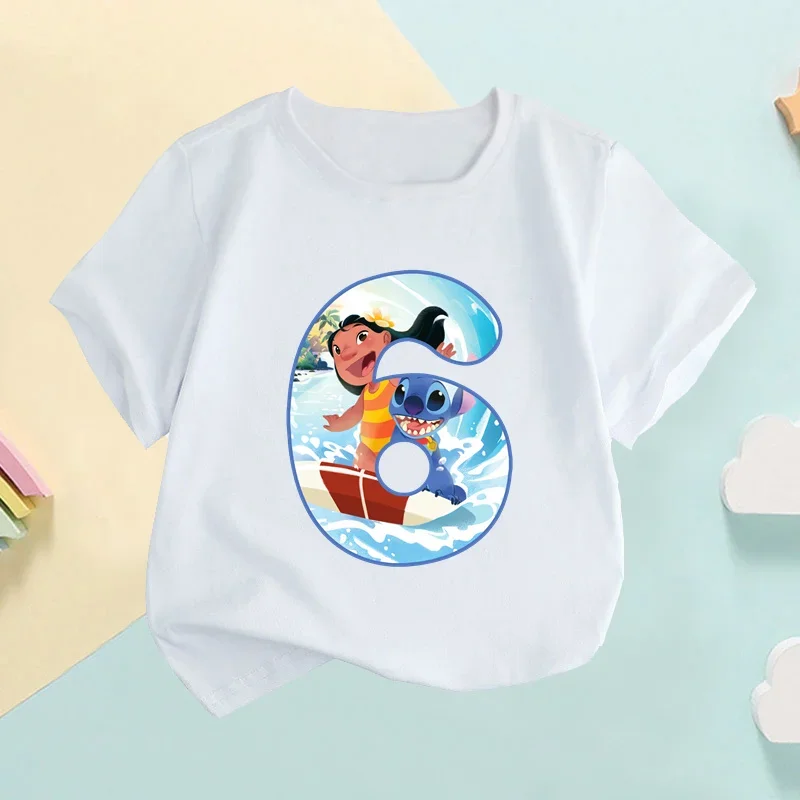 Lilo & Stitch Number Bow Print Cartoon Kids T shirt Girls Clothes 1 2 3 4 5 6 7 8 9 Years Birthday Baby Boys T-Shirts,HKP2676