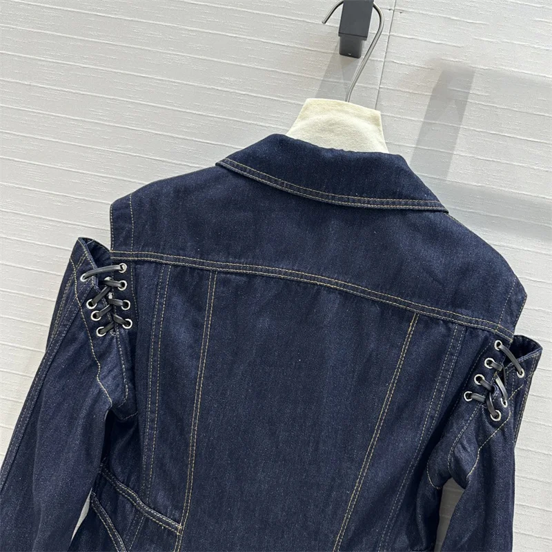 Women\'s denim jacket 2024 Autumn new in outerwears Retro washed pure long sleeved top Strap decoration Women\'s coats Jean jacket