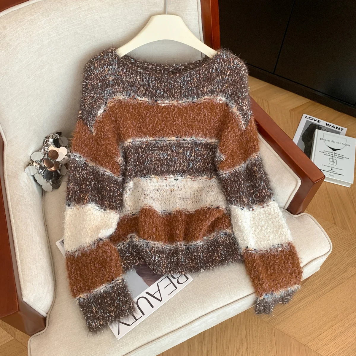 

Женский коричневый пуловер с круглым вырезом, полосатый мохеровый свитер Y2k, винтажный элегантный джемпер 2000-х годов, вязаный свитер с длинными рукавами, осень-зима 2025