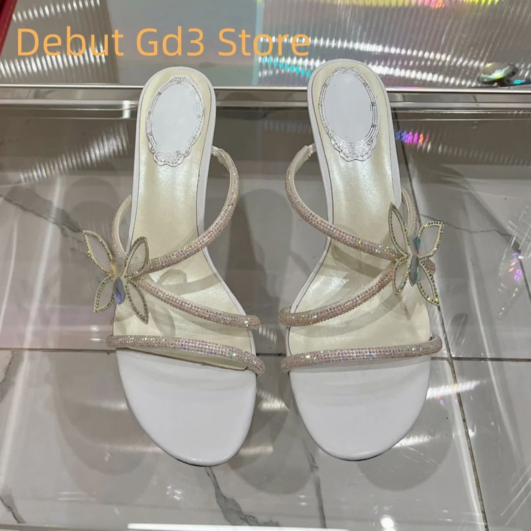 

2024 New Sparkling Diamond Butterfly Sandals, Sexy Thin Heel Straw High Heel Slippers, Fashionable and Beautiful Slippers