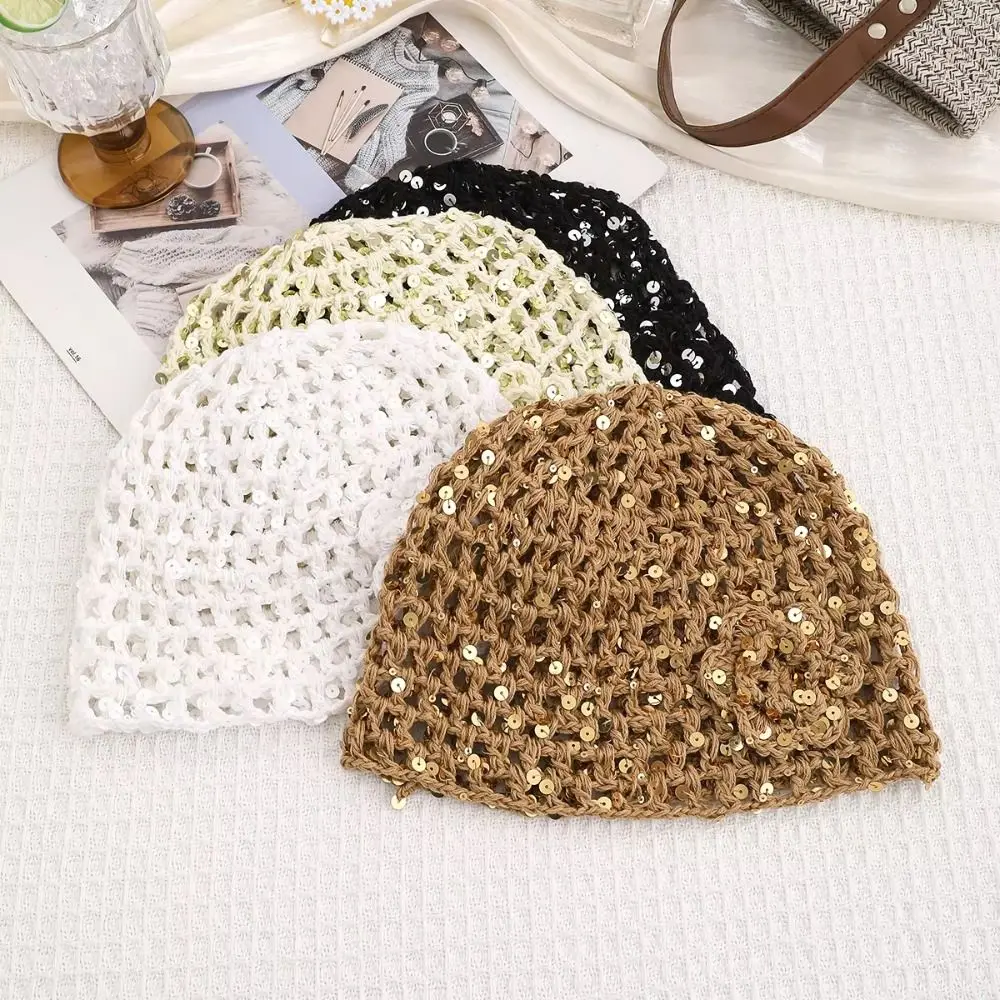 Hollow Crochet Crochet Beanie Hat Soft Texture Lightweight Knit Skull Cap Knitted Yarn Sequin Decor Floral Beanie Hat