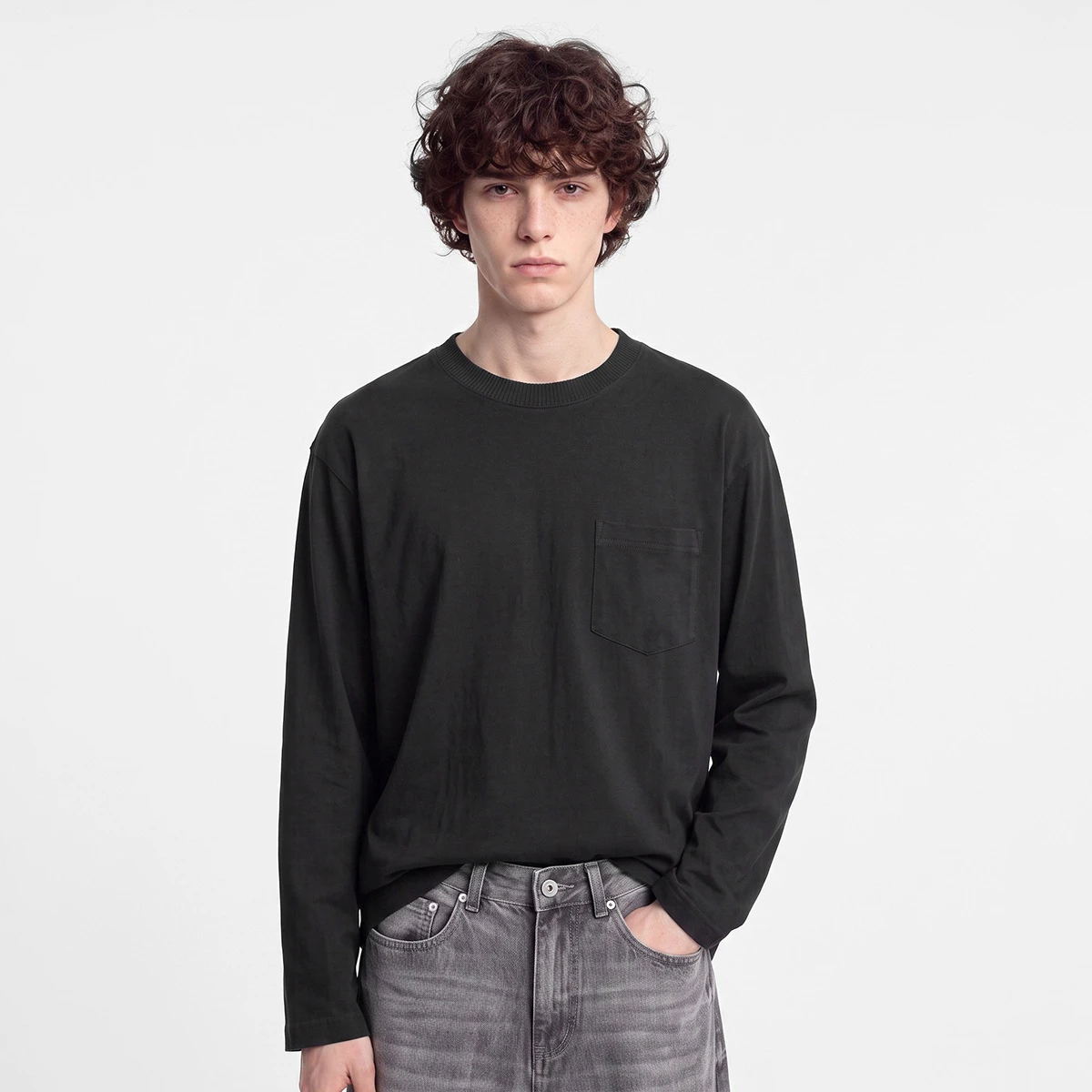 Men's Cotton Long Sleeve Round-Neck Solid Color Knit T-Shirt with Chest Pocket Loose Inner Outer Top Autumn Pullover