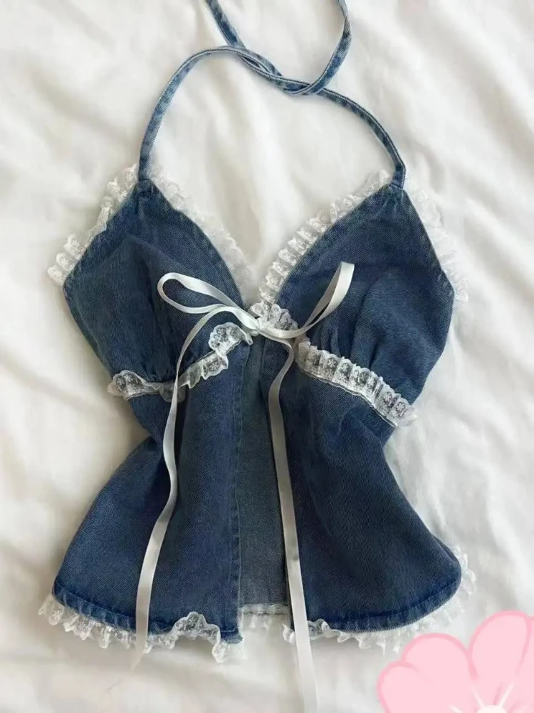 American Style Vintage Blue Hollow Out Tanks Design Harajuku Vintage Slim Casual Camisole Emo Girls Fashion Vest 2025 New Chic
