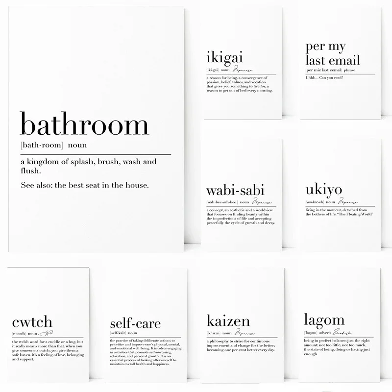 Unframe Definition of Words Bathroom Cwtch Ikigai Kaizen Lagom Posters Printing Canvas Painting Living Room Bedroom Wall Art Hom