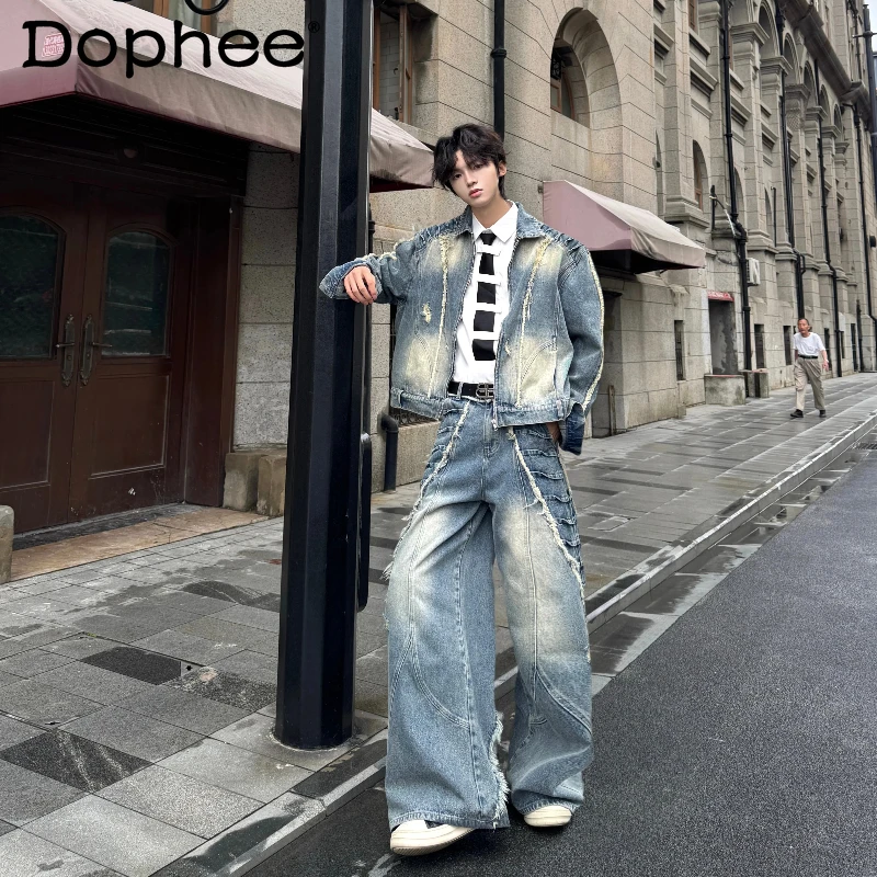 

Men's 2025 Autumn New Stylish Two-piece Sets Fashion Tassel Retro Long Sleeve Denim Jackets Straight-Leg Jeans Men's Trendy Sets