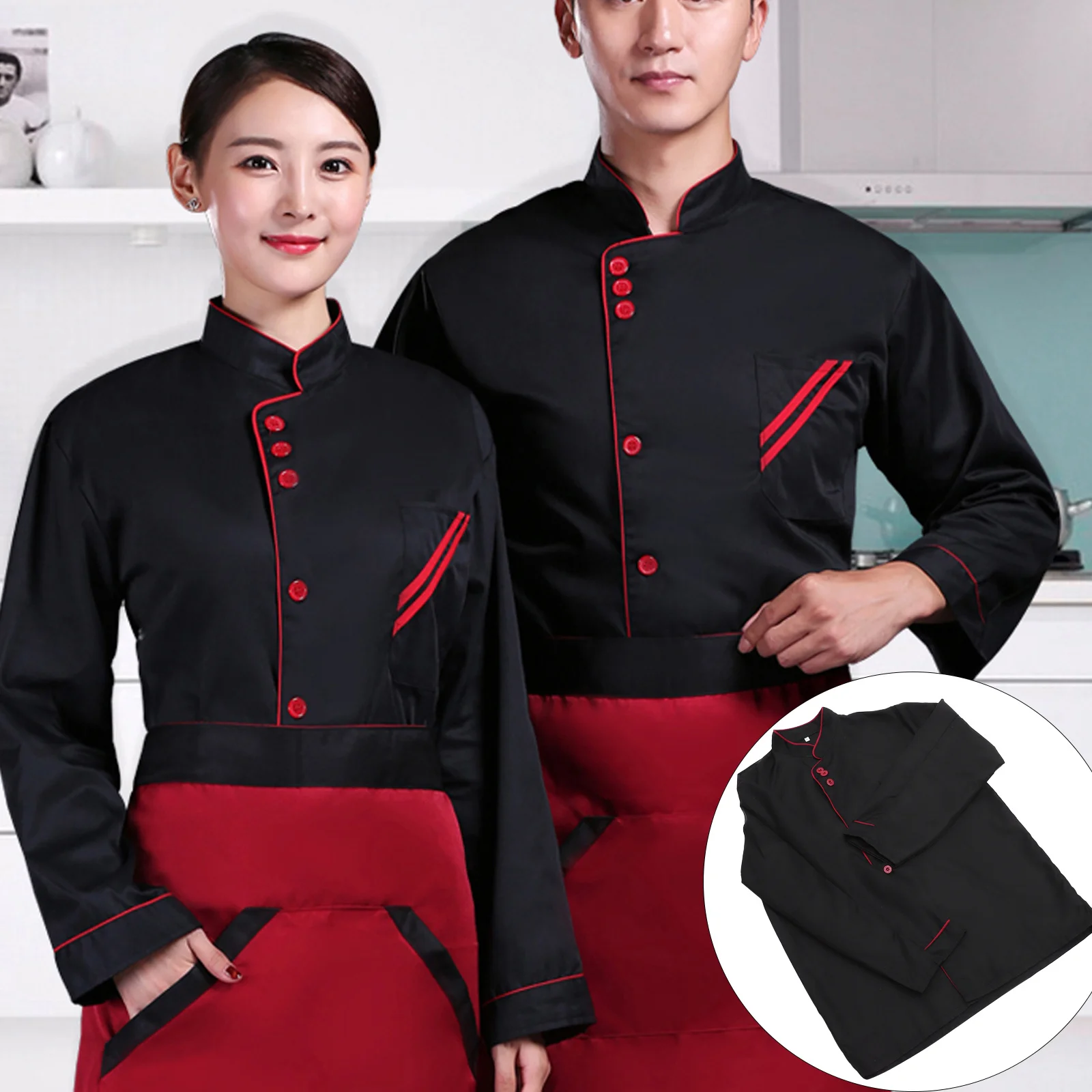 Koksjas met lange mouwen, unisex, slijtvast, oliebestendig, ademend keukenuniform voor restaurant, hotel, catering, personeel, werkkleding
