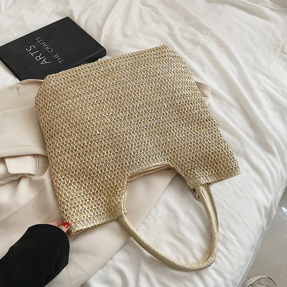 Women Straw Hobo Bag Large Capacity Crochet Beach Handbag Zipper Closure Weaving Travel Handbag Ladies Summer Daily Bag