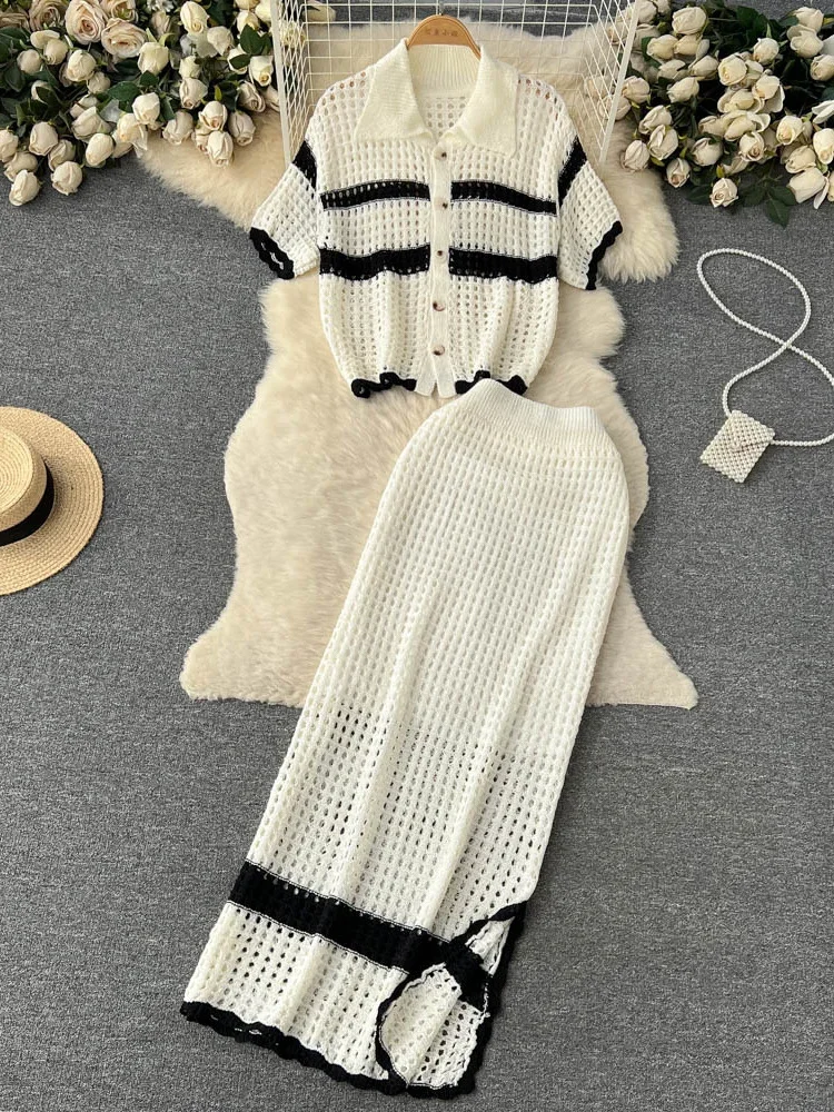 Korean Spring Summer Vacation Style Knitted Twi Piece Set Women Chic Hollow out Sweater Cardigan +Long Maxi Skirt Sets