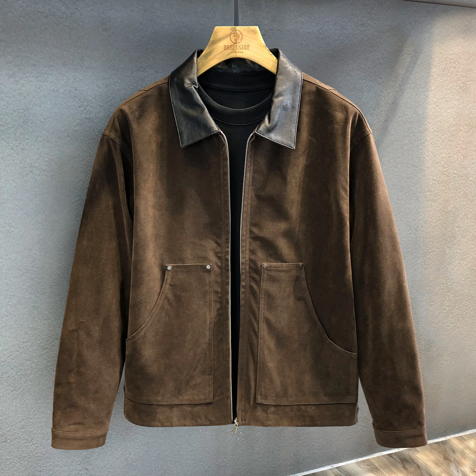 Amekaji Walnut Deep Brown Retro Suede Lapel Motorcycle Leather Jacket for Men American Style Badboy Chic Leather Coat for Autumn