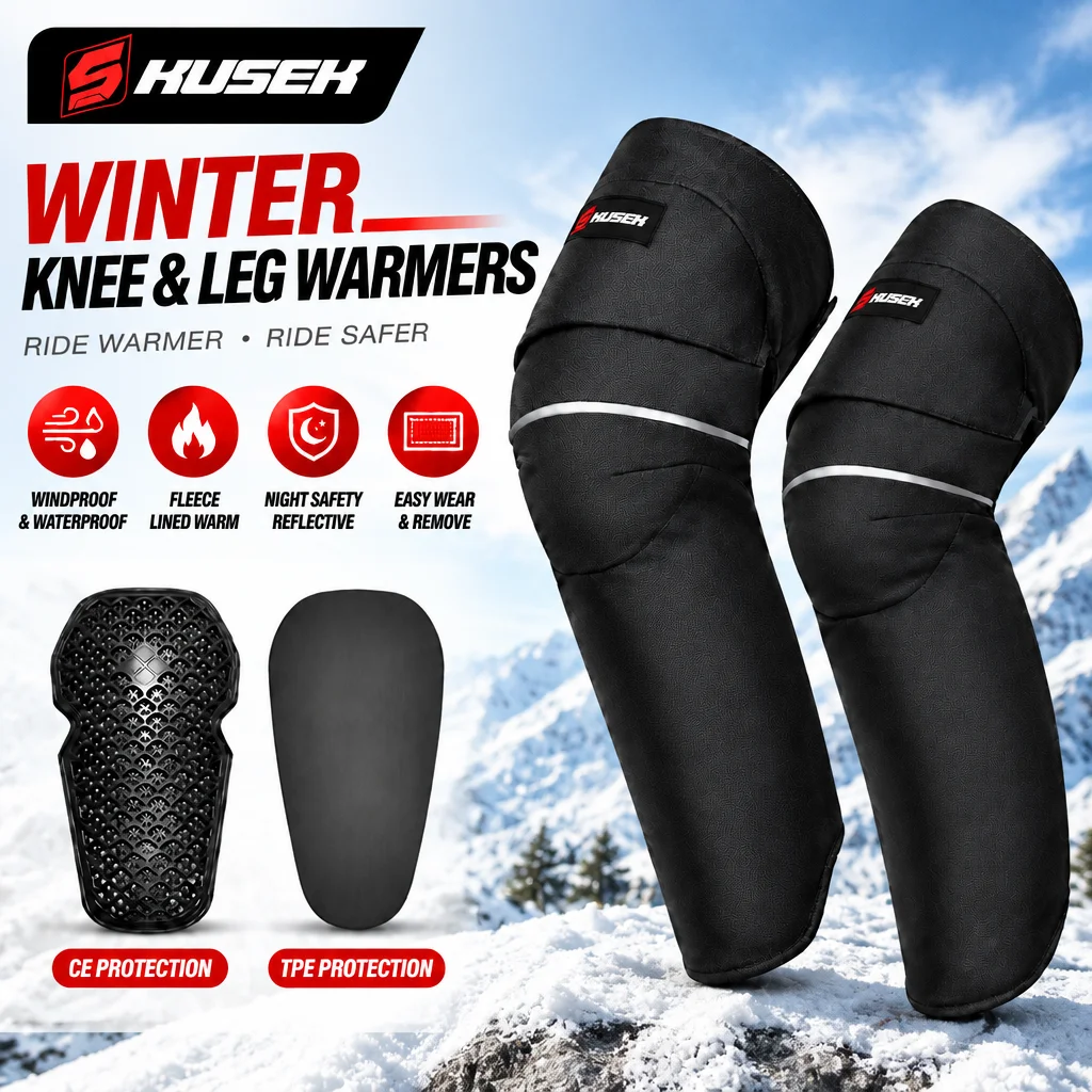 KUSEK Motorcycle Knee Warmers Winter Thermal Fleece Windproof Water Resistant Reflective Velcro Shockproof for Men Women