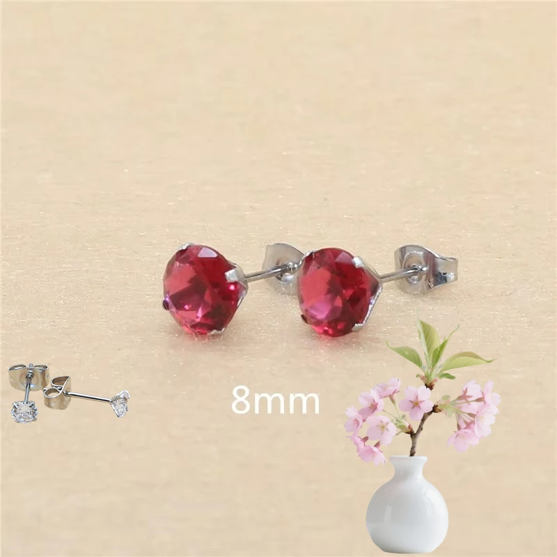 Big 8mm 20 Colors For Choose AAA Zircons Stainless Steel Stud Earrings No Fade Allergy Free