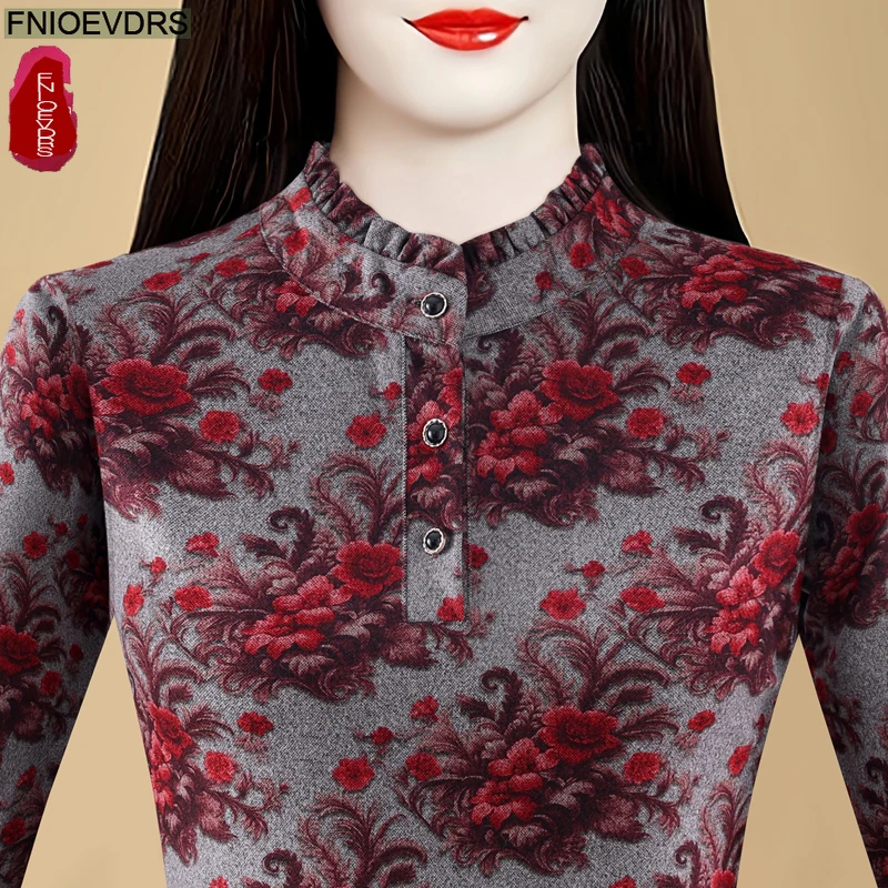 Retro Vintage Bloemenprint Fluwelen Tops Nieuw Design Dames Lange Mouw Bloemen Opstaande Kraag Knop Basics Shirts Blouses