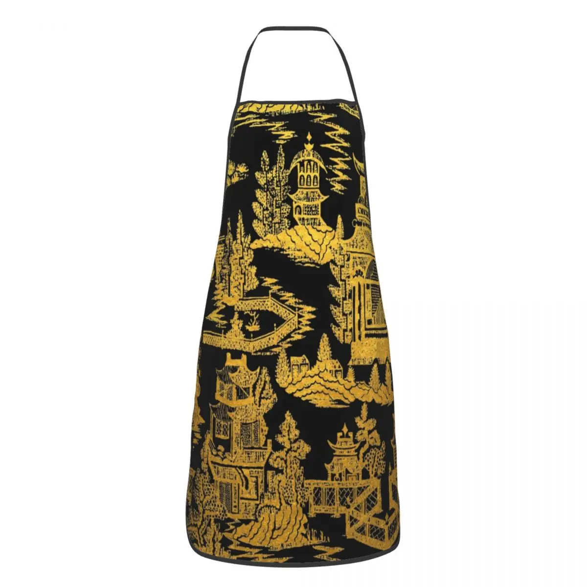 Gold Black Chinoiserie Pagoda Aprons Women Men Chinese Willow Pattern Adult Kitchen Chef Bib Tablier Cuisine Cooking Baking