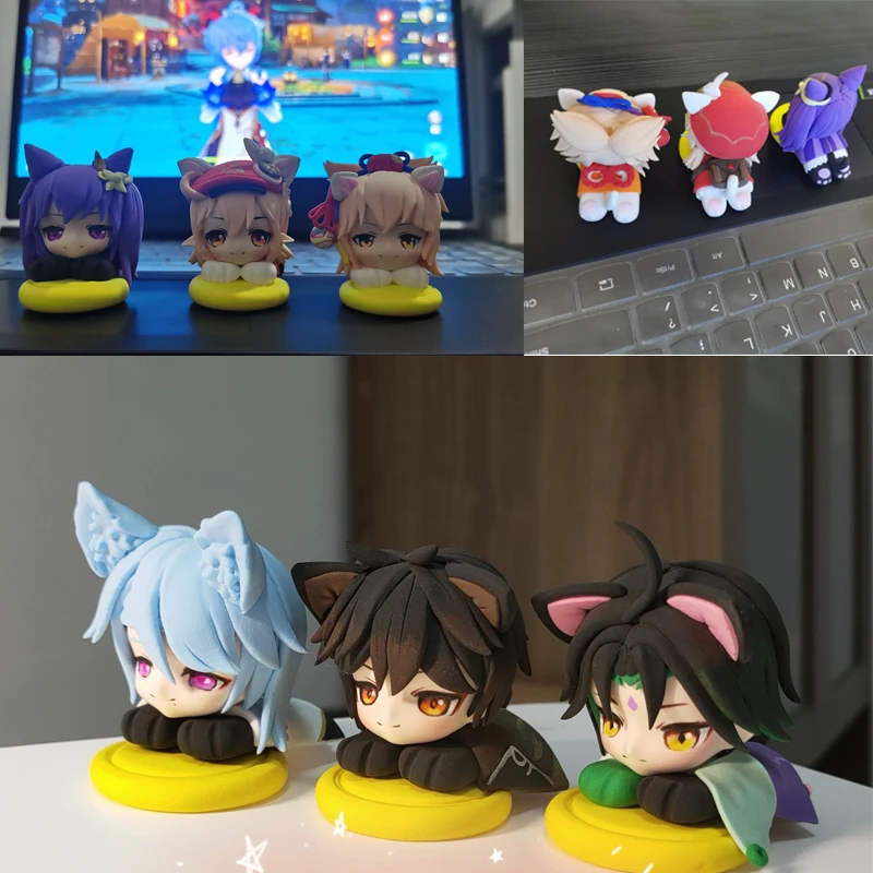 MiHoYo Game Game Impact Wanderer Xiao Lying on the Mat Cat Ears Shape Cute Figure Kawaii Toy Q Figural Clay Making Model Gift