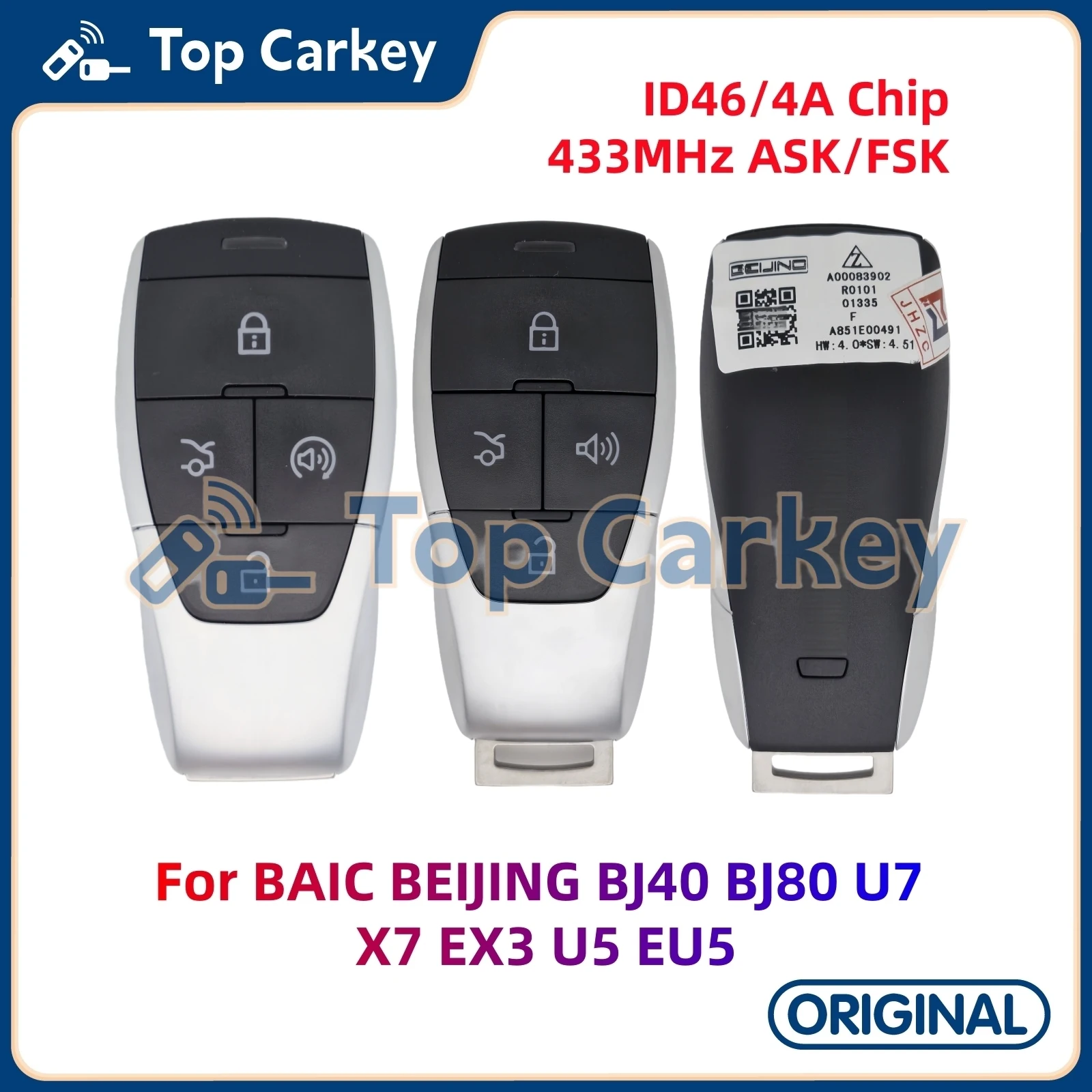 TopCarkey Original Smart Remote Key ID46 ID4A Chip 433MHz for BAIC BEIJING BJ40 BJ80 U7 X7 X55 EX3 U5 EU5