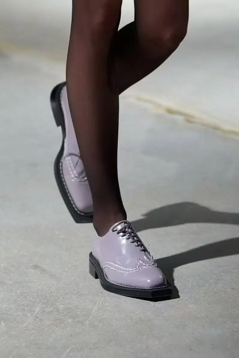 British Style Soild Round Toe Platform Shallow Women Loafers Chunky Middle Heels Lace Up Design Large Size Pumps Shoes