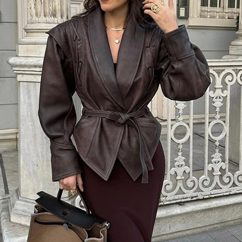 Streetwear Women's Autumn Leather Jacket Fashion Lace Up Short Coat High Waist Vintage PU Leather Coat Lady Chic Outerwear