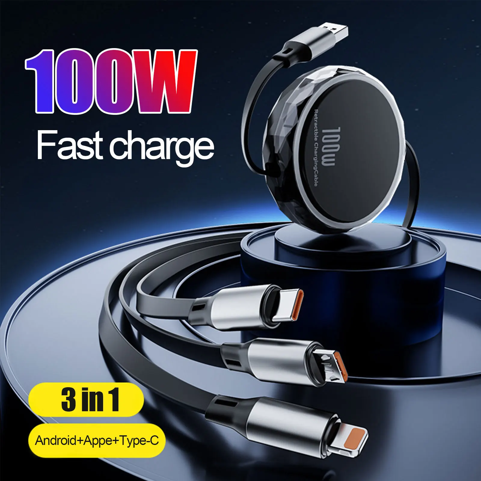 Retractable 100W 3 in 1 Multi Type C Charger Cable USB to Micro USB C Super Fast Charging Cord for iPhone Samsung Huawei Phone