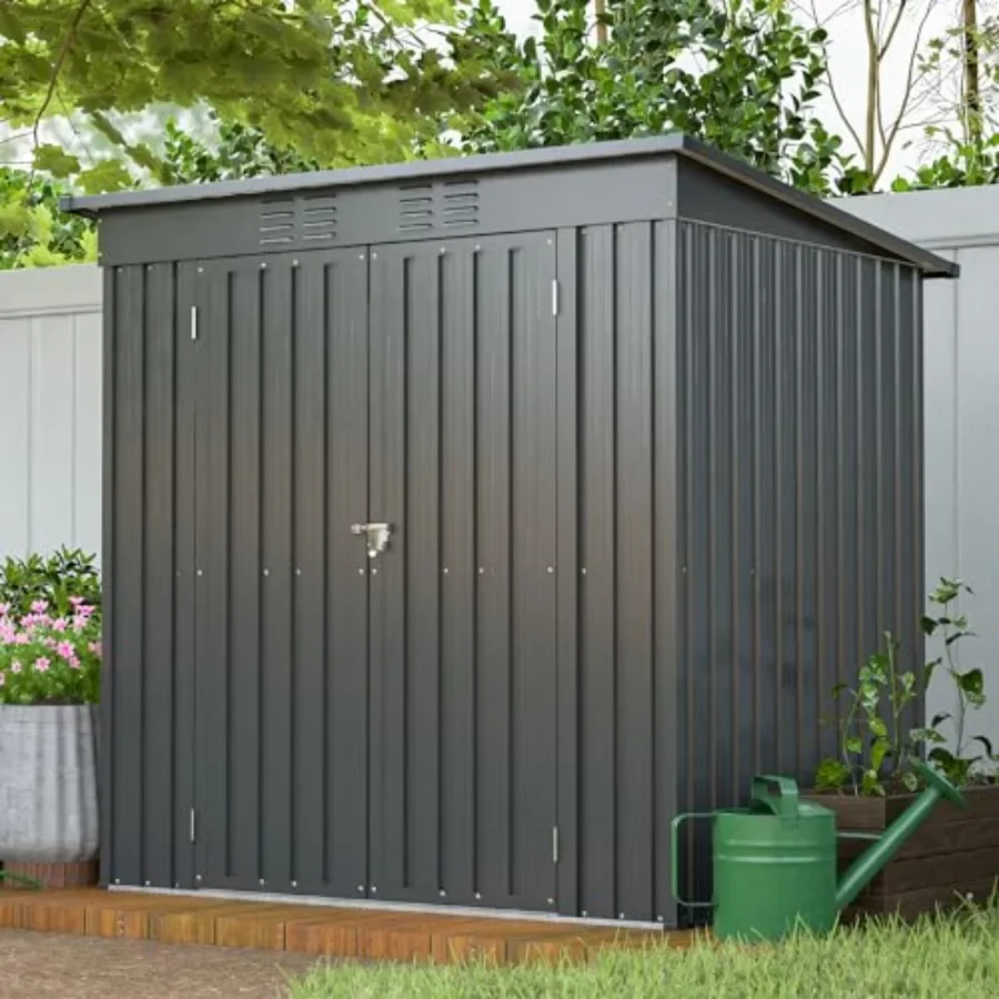 Outdoor storage shed for garden, backyard, patio: aluminum frame, weatherproof metal construction with frame floor, lockable do