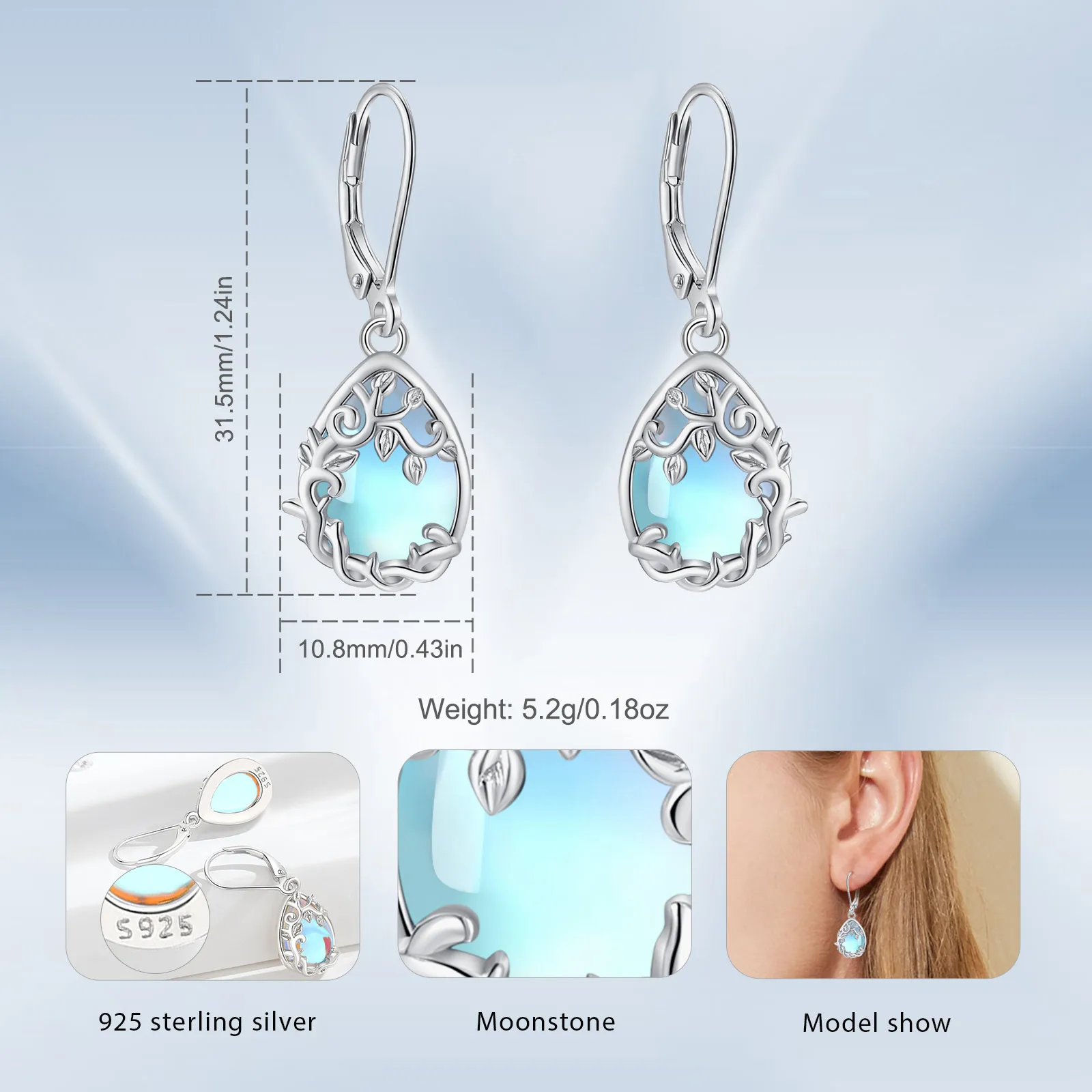 AEONSLOVE 925 Sterling Silver Tree of Life Teardrop Moonstone Dangle Earrings for Women Original Boho Leverback Drop Earrings
