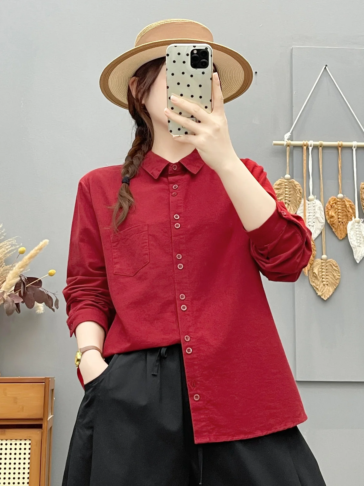 100% coton dames blouses chemise style japonais rouge rose gris café solide à manches longues chemises vêtements élégants pour dame