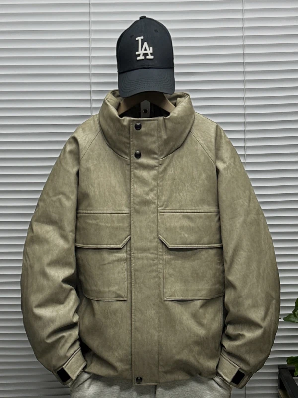 

Men's PU Leather Stand Collar down Jaet Du down Winter New Faion Workwear Cool Biker ort Coat Warm Ci Casual Sle