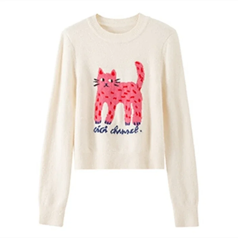 Y2K Pink Leopard Cat Embroidery Sweaters Coat Women Cartoon Warm Winter Clothes Women Streetwear Jumper Knitwear Long Sleeve Top