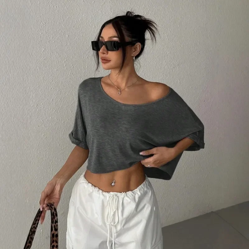 

2025 New European And American Style Women's Short T-Shirt Sexy Cropped Top With Exposed Navel, Leisure Ladies Casual Wear