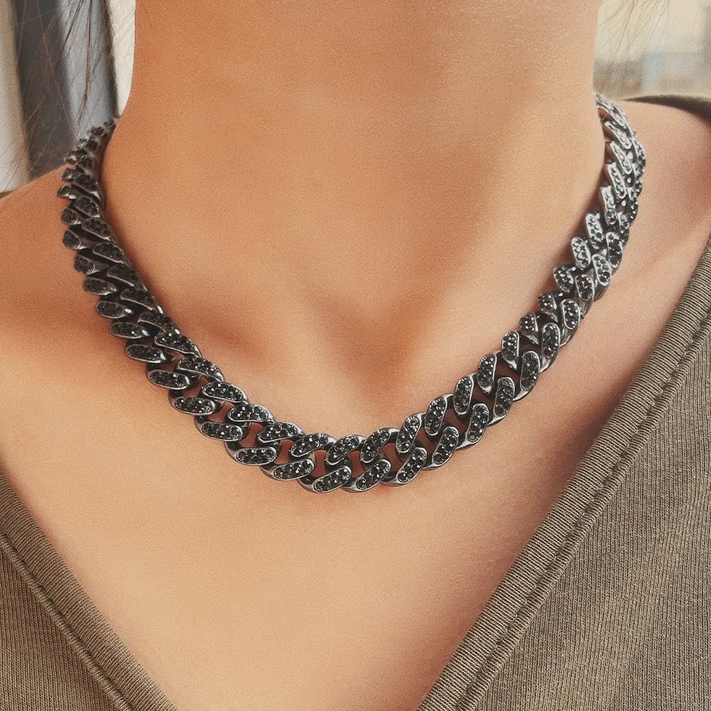 13mm Black Rhinestone Cuban Chain Necklace For Women Men Hip Hop Iced Out Crystal Link Chain Chunky Choker Necklace Punk Jewelry