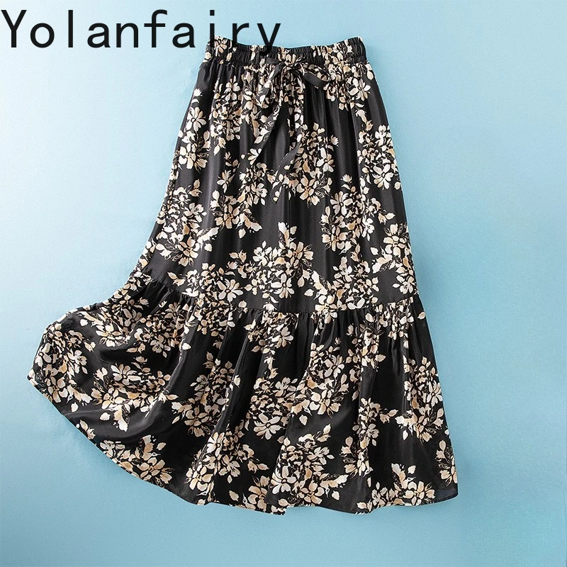 YOLANFAIRY High Quality 12mm 100% Real Mulberry Silk Skirts Woman Luxury Summer Fashion Floral Skirt Elastic Waist Skirts Long