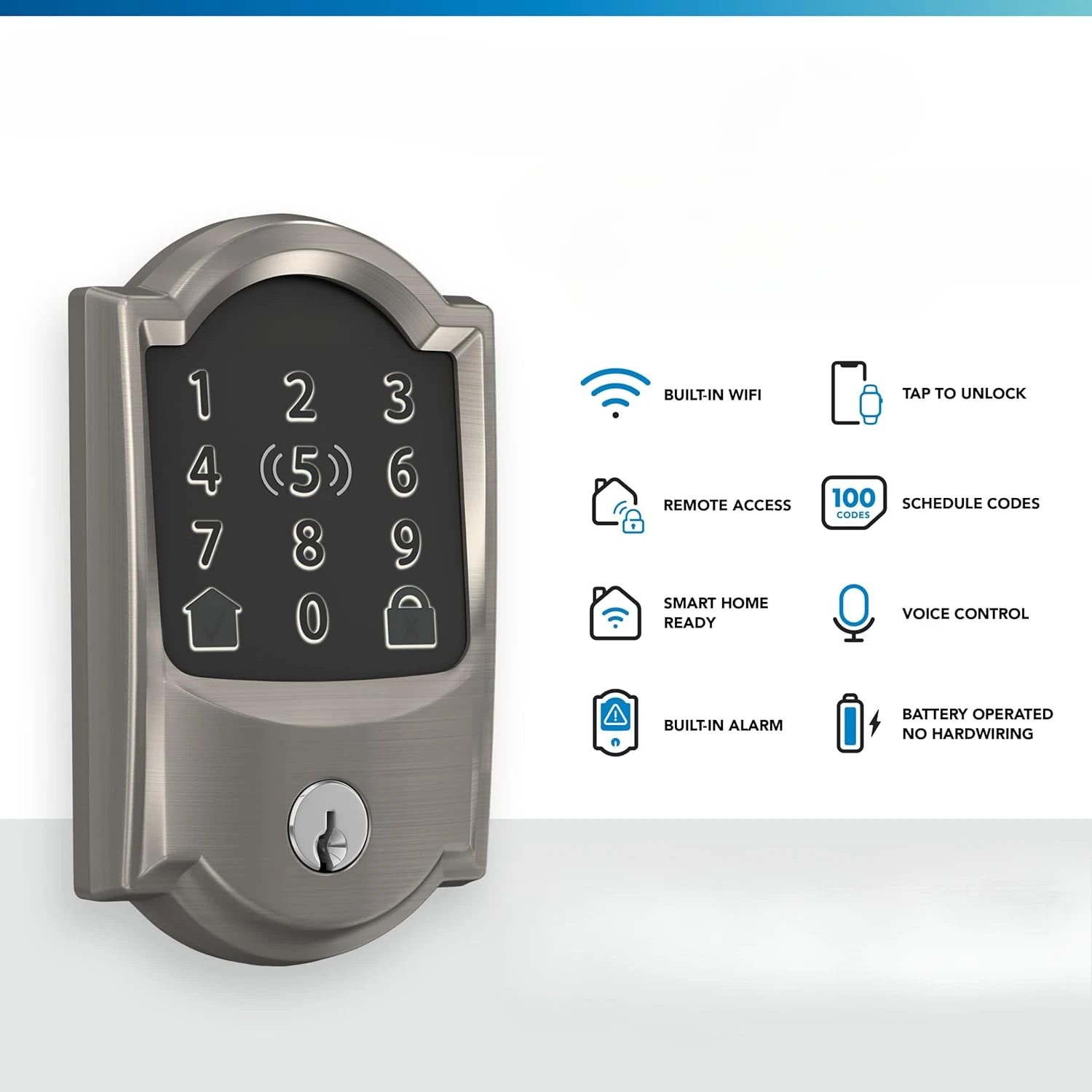 BE499WB CAM 619 Encode Plus WiFi Deadbolt, Keyless Entry Touchscreen Door Lock with Camelot Trim, Satin Nickel