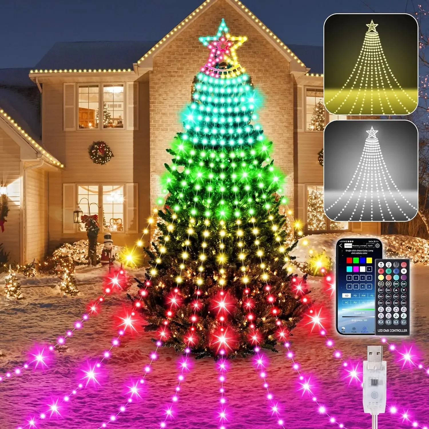 Christmas Decorations, RGB Waterfall LED String Lights with Star, APP Remote Control, Music Sync New Year Decor Fairy Lights