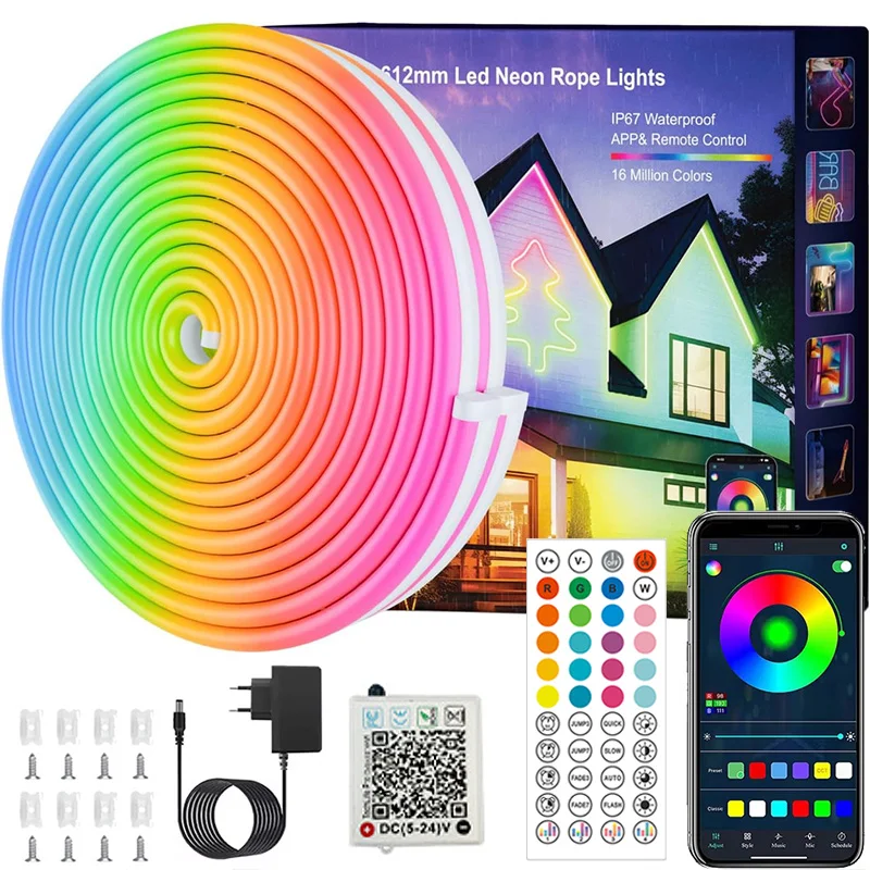 

DC24V RGB LED Neon Rope Lights 5-30M Neon Strip Light With App and Remote Control Waterproof Flexible Neon Lights for Home Decor