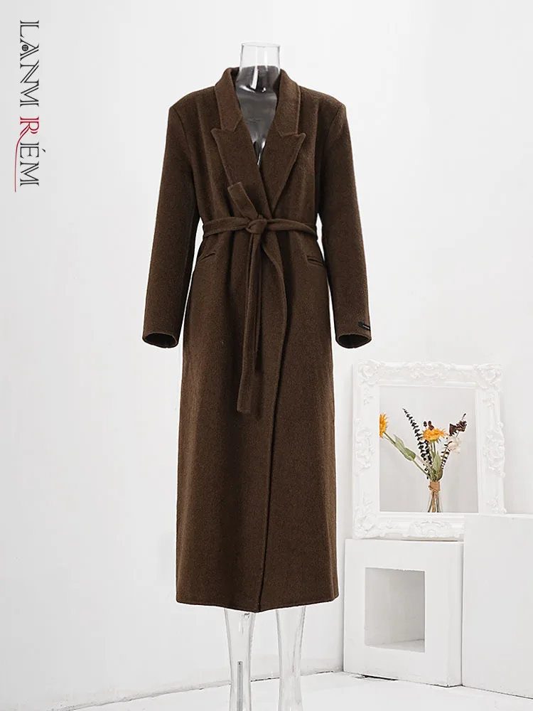 LANMREM Long Wool Coats Office Lady Notched Collar Long Sleeves Overcoat With Belt Female Luxury Elegant Clothing New CPG1859