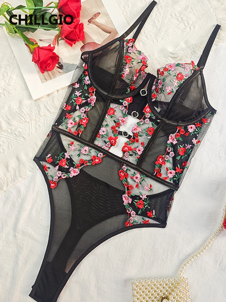 

CHILLGIO женские сексуальные сетчатые комбинезоны с цветочной вышивкой и ремешками, нижнее белье с эффектом пуш-ап на косточках, полые кружевные комбинированные боди