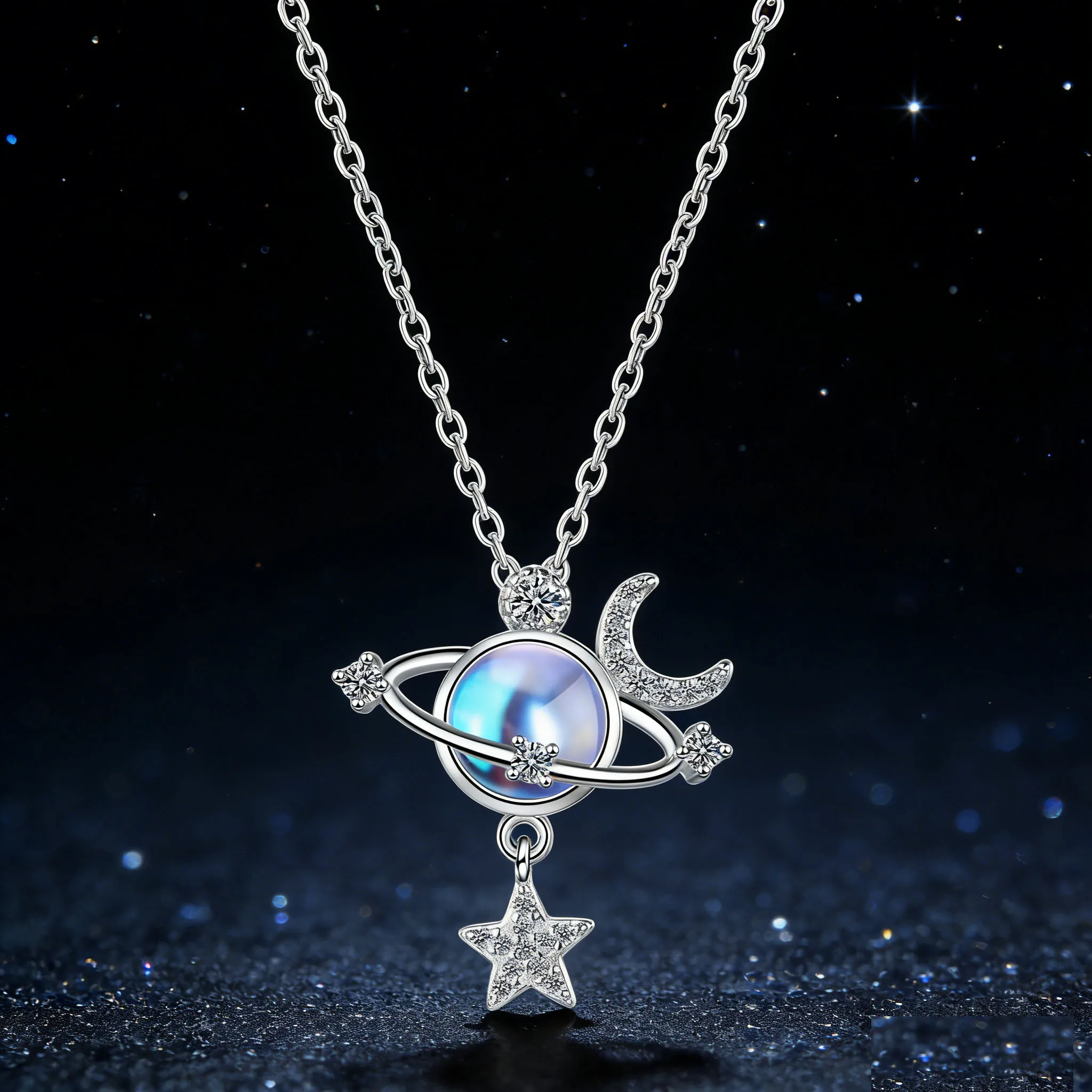Round Natural Colorful Moonstone 925 Sterling Silver Moon Star Planet Pendant Necklace for Women Fashion Gemstone Jewelry Choker