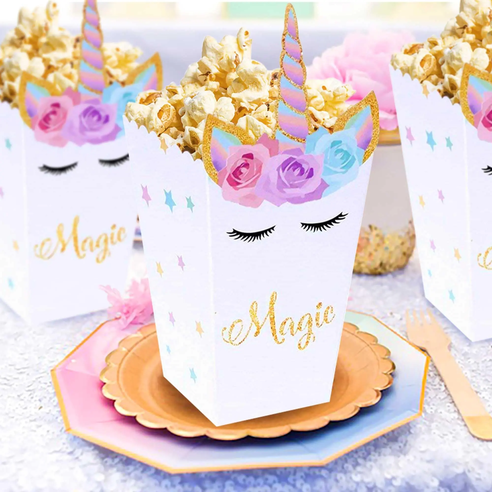 LaVenty Unicorn Party bomboniere scatole per Popcorn per feste di unicorno contenitori per biscotti caramelle per forniture per bomboniere per feste