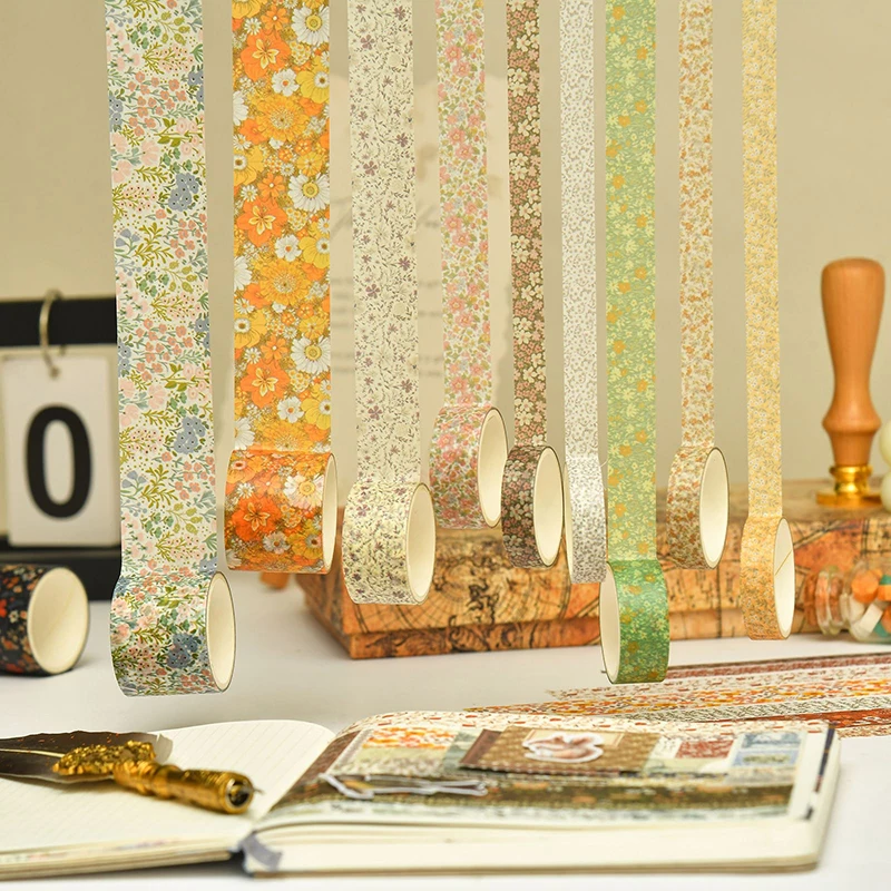 مجموعة 12 لفات من شريط الأزهار العتيق DIY شريطٌ لاصق مزخرف ملون دفتر مذكرات رصاصة المجلات لوازم التغليف