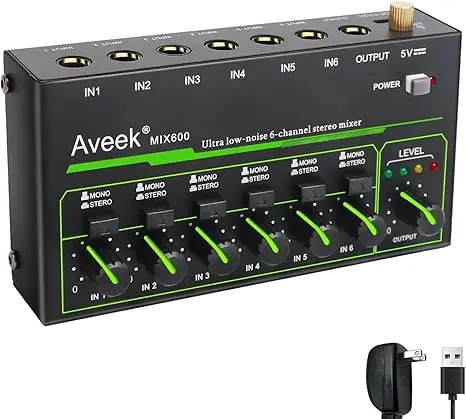 Aveek 6 Channel Mixer - Mini 6 Stereo Audio Mixer, Low-Noise for Precision Sub-Mixing,1/4" TRS Input/Output Ideal for Mics/Guita