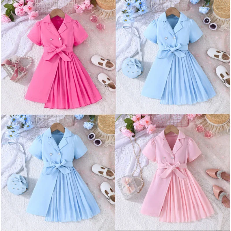 

Kids Suit Style Collar Puff Short Sleeves Double Breasted Buttons Large Bow Waist Pleated Children Skirt Girl Blazer Style Dress