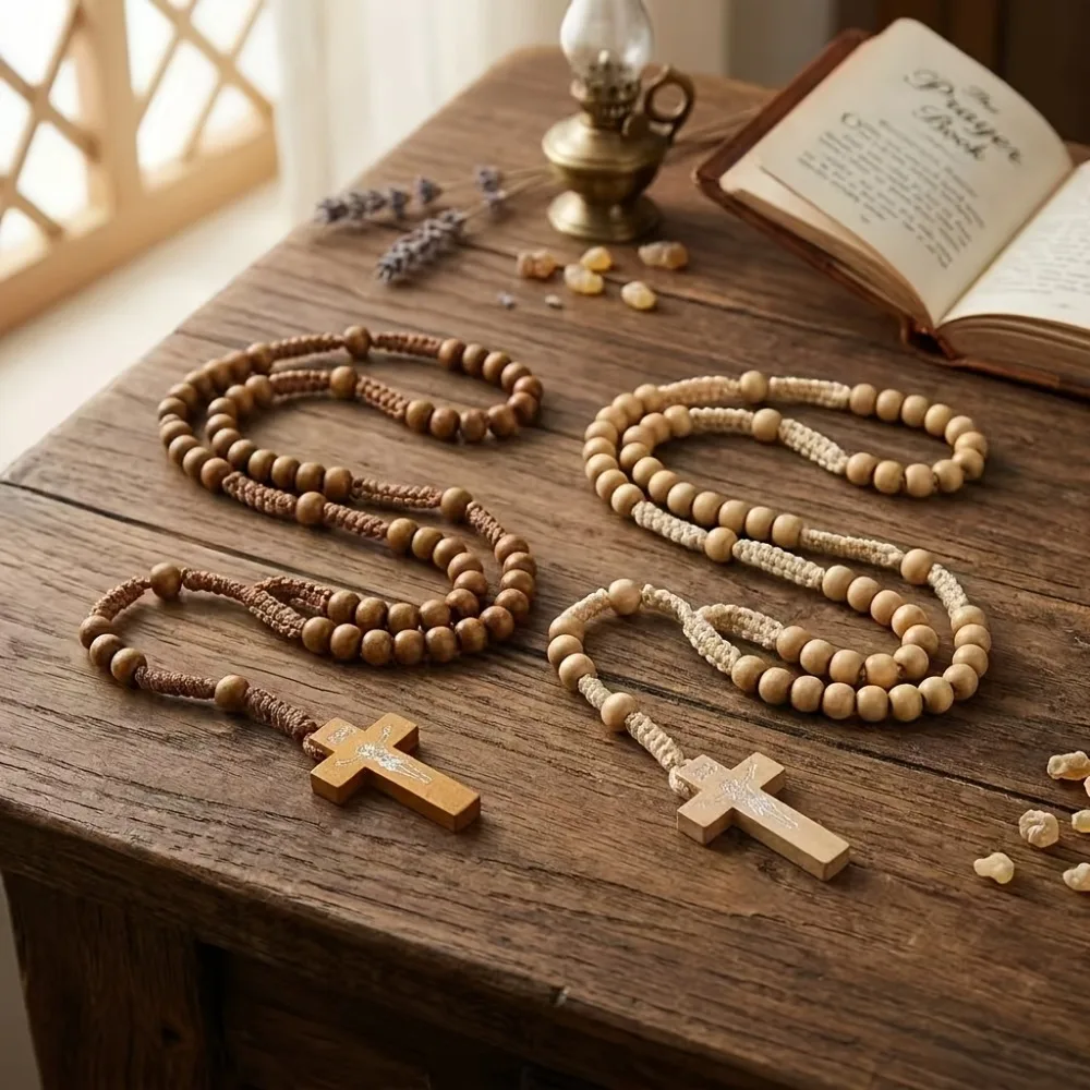 1-12 Pcs Handmade Wooden Rosary Necklace Wood Prayer Beads with Engraved Wooden Cross Pendant Christmas Catholic Religious Gift