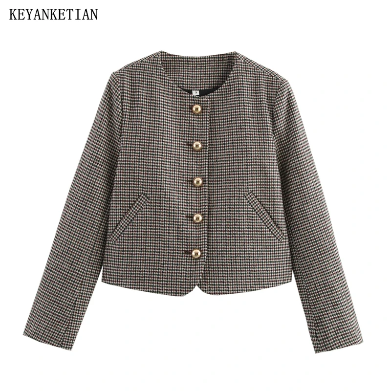 

KEYANKETIAN 2026 Spring New Women's Houndstooth Suit Coat Office Lady O-Neck Single Breasted Fashion Crop Blazer Pockets Top