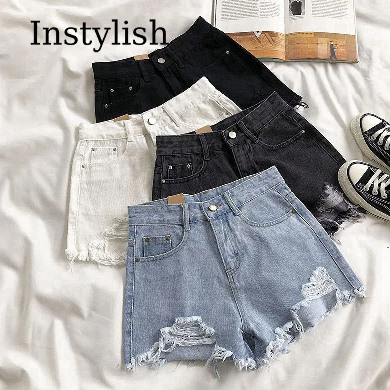 

Summer Denim Shorts Women Korean Fashion Ripped Holes High Waist Short Jeans Female Casual Street Wide Leg Short Pants