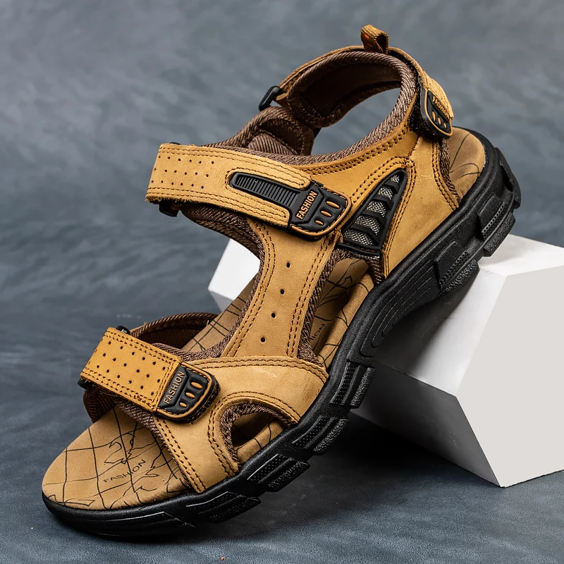 

Мужские летние кожаные сандалии с открытым носком, повседневная уличная обувь, противоскользящая, износостойкая пляжная обувь, удобная дышащая обувь
