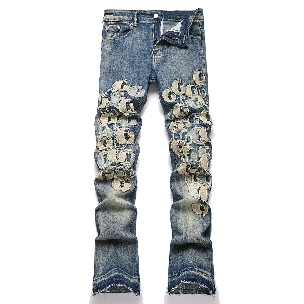 

Men Letters Patch Embroidery Denim Jeans Streetwear Release Hem Distressed Pants Retro Vintage Blue Slim But Cut Flared Trousers