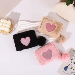 Girls Cute Plush Heart Print Wallet Children's Zipper Coin Purse with Card Holder Clutch Bag Mini Purse Coin Pouch Card Wallet