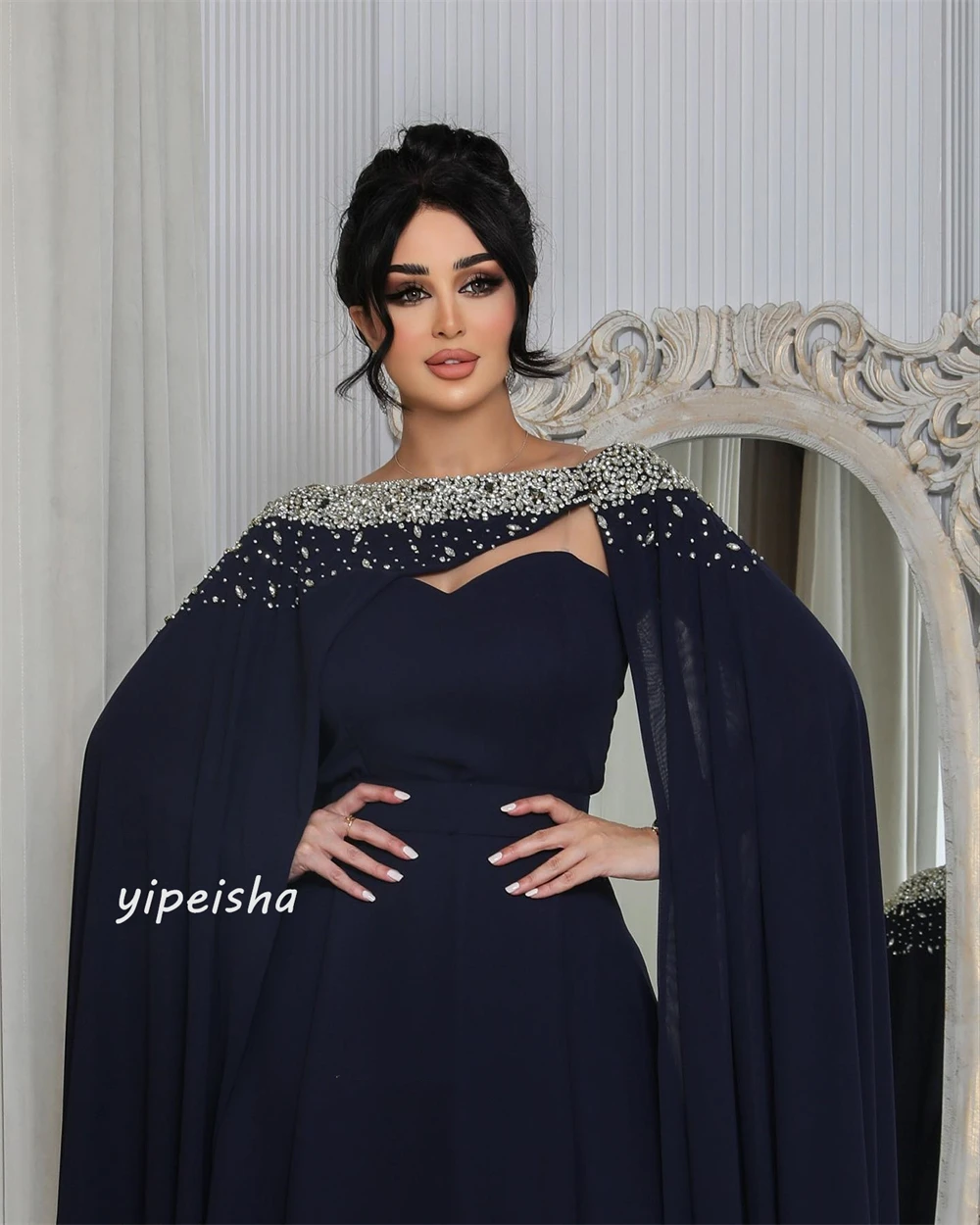 Robe de soirée en mousseline de soie, tenue de soirée décontractée, sexy, personnalisée, avec perles, drapée, plissée, forme trapèze, col bateau, sur mesure