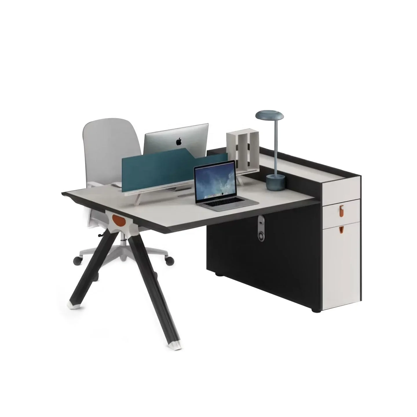 High End Simple Design Matte Black Warm White 2 Person Computer Table Partition Work Station Center Office Desk